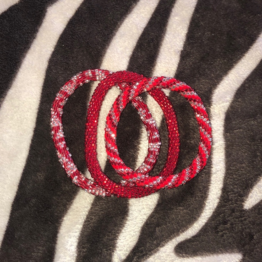 Lily and Laura red and silver beaded bracelet set